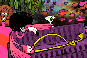 cool flamingo with martini, afro, briefs, headphones, relaxing on the sofa